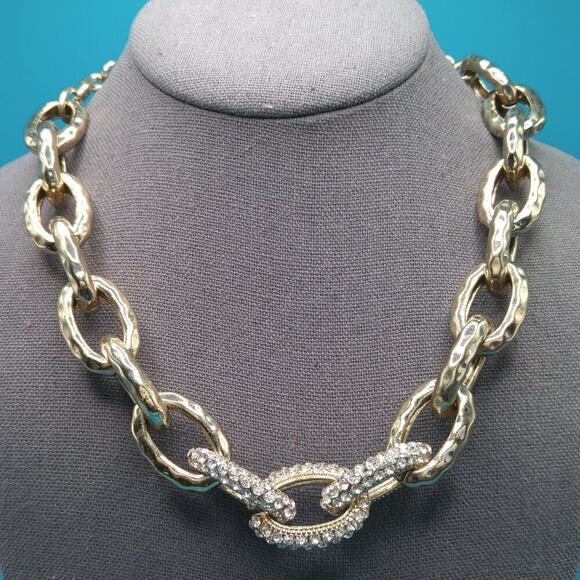 Vintage Chunky Chain Rhinestone Necklace, Gold Tone, Vintage Jewelry, 21 Inches - Picture 1 of 10